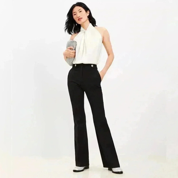 LOFT | Rhinestone Button-Tab Waist Flare Pants in Melange Bi-Stretch, NWT - Picture 1 of 7